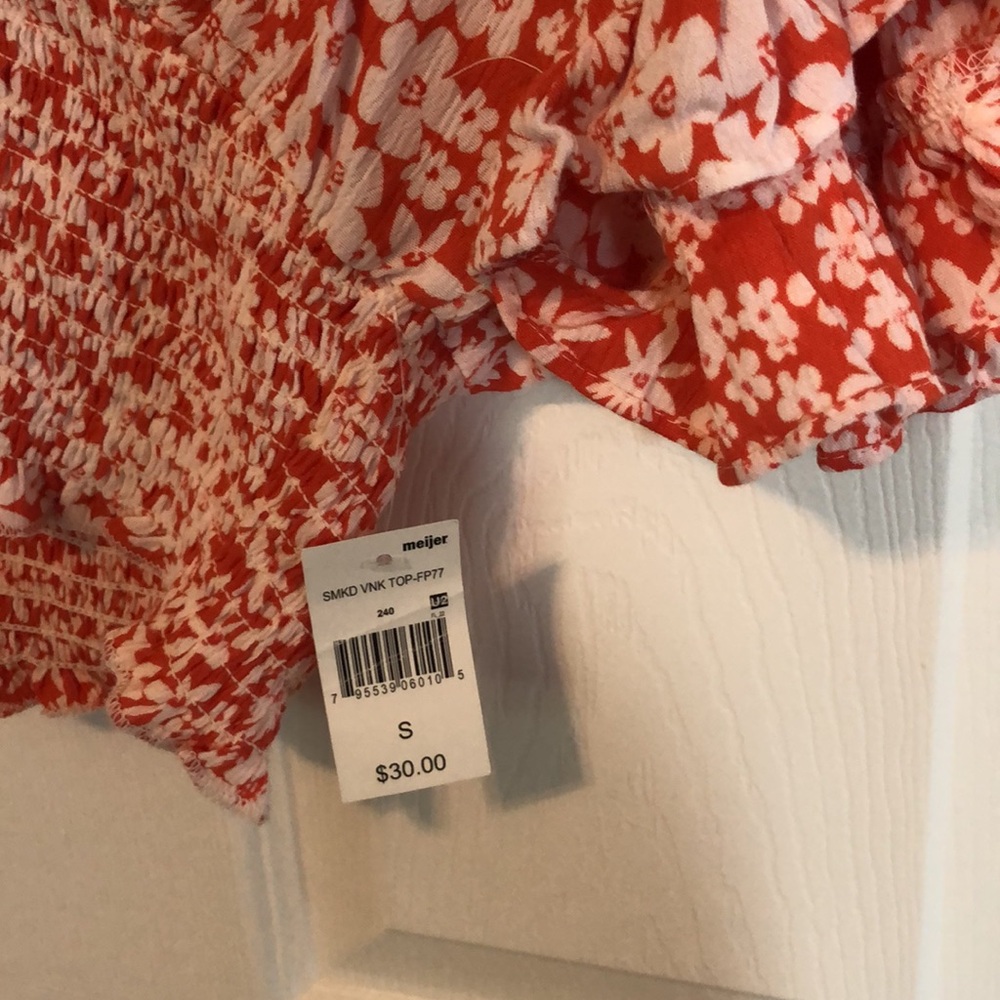 ANGIE Boho V-Neck Floral Smocked Waist Blousy Short Sleeve Crop Top NWT Small - Picture 3 of 7